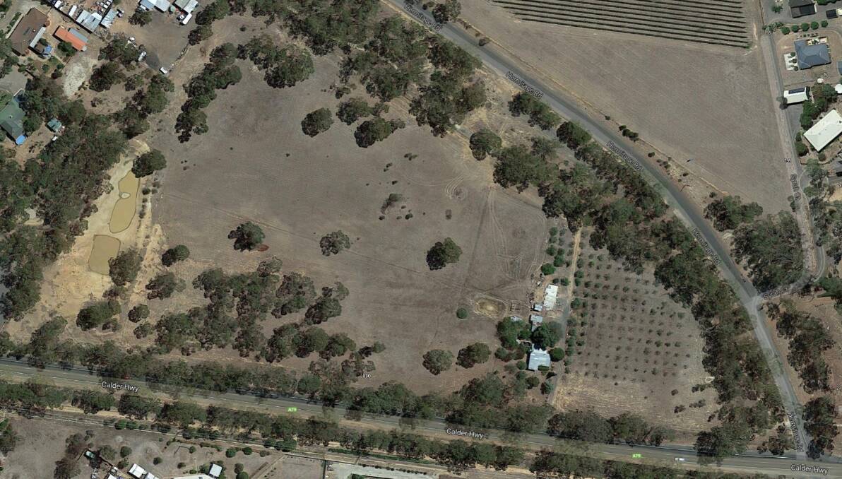 GREEN FIELDS: A satellite image of the land between the Calder Highway the and Hermitage Road slated for development as well as neighbouring properties. 