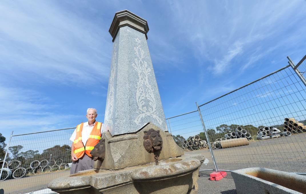 LOST AND FOUND: German Heritage Society of Bendigo president Bob Schultz beside the temporarily restored fountain, currently sitting in storage at the council depot. Picture: DARREN HOWE
