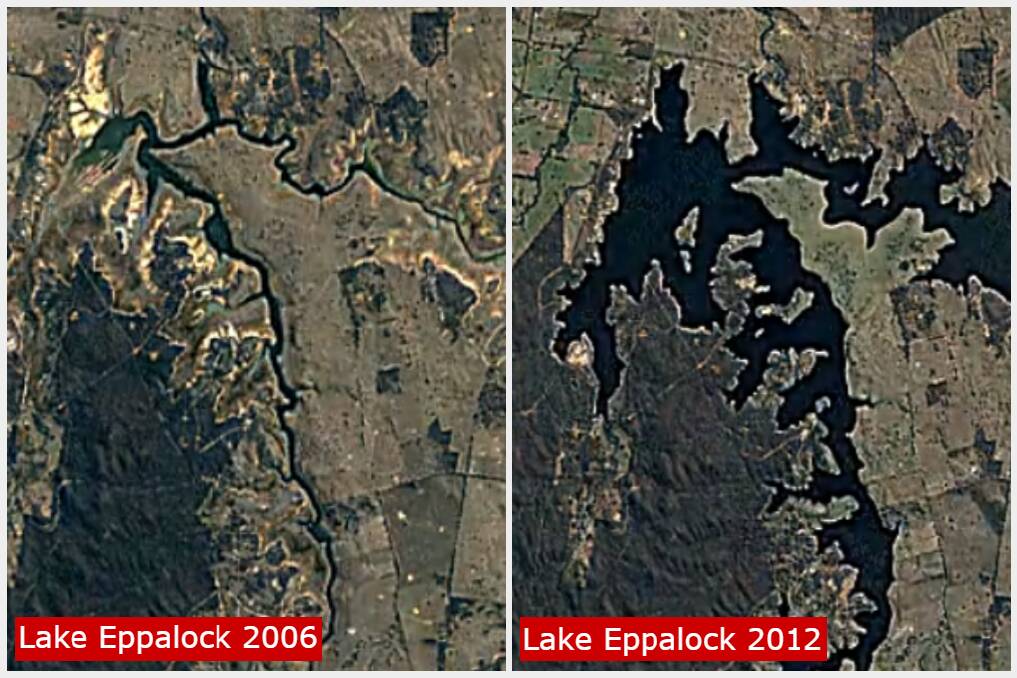 BOOM AND BUST: Google satelite images show Lake Eppalock during the millelium drought and after the 2011 floods. 