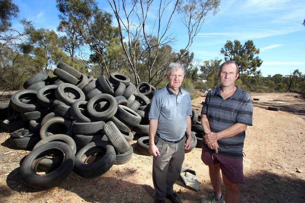 SICK AND TYRED: Locals Laurie Fitzgerald and Alan Hanson are appalled by the dump of hundreds of tyres and syringes. Picture: GLENN DANIELS
