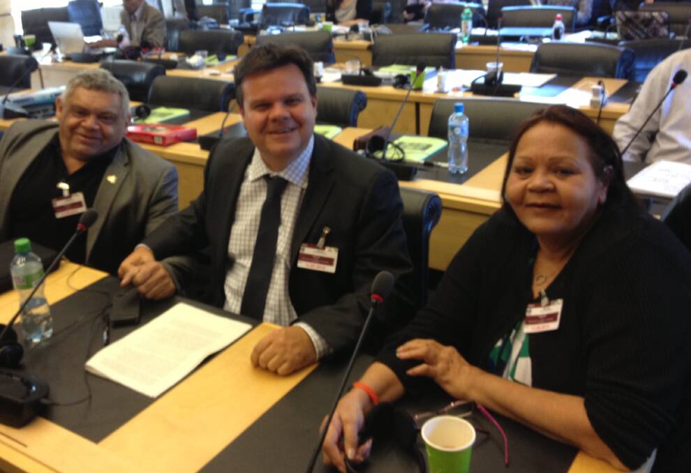 WORLD STAGE: Uncle John Baxter FPDN member, Damian Griffis, CEO FPDN and Aunty Gayle Rankine at the Convention on the rights of persons with disability review in Geneva.