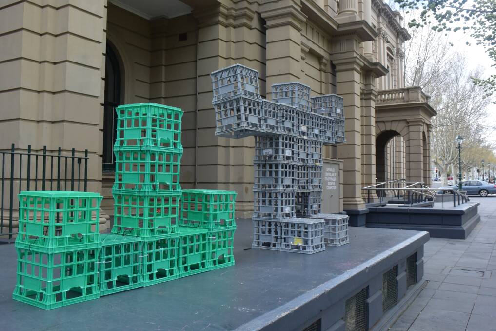 REAPPEARANCE: Crate Man has taken up residence outside Bendigo Town Hall. Picture: HAYLEY SORENSEN