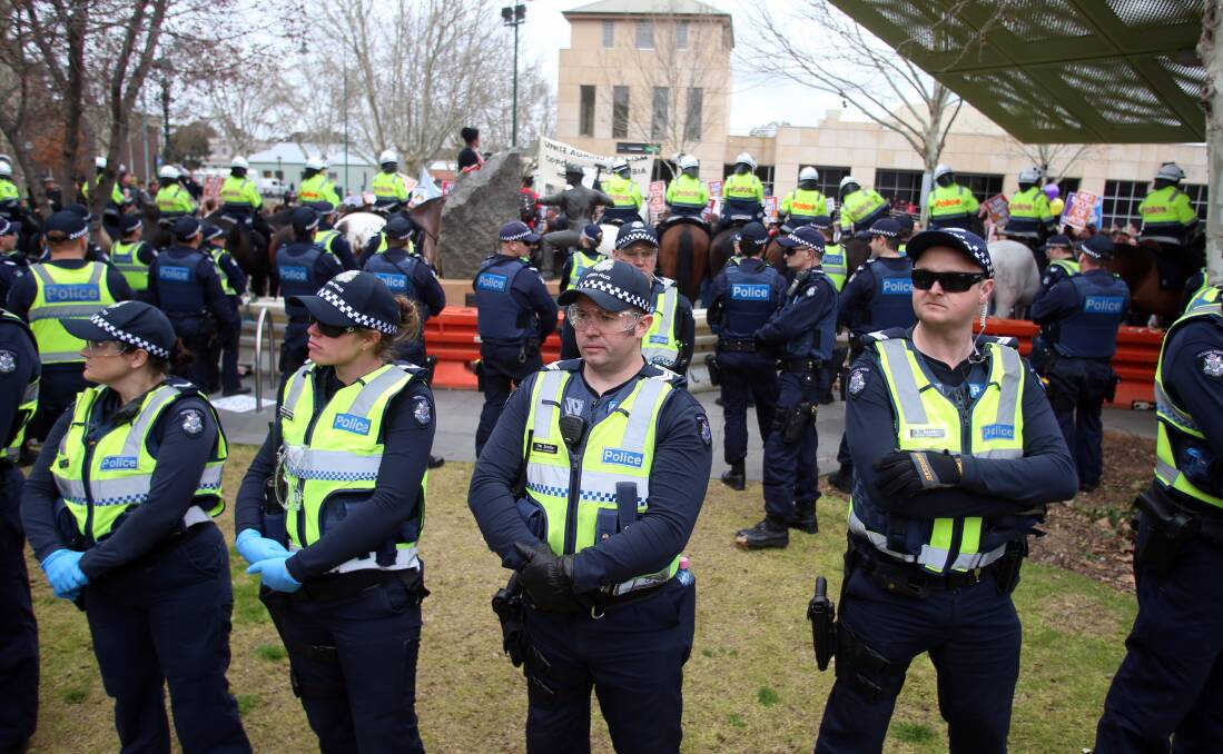 FULL OF APPRECIATION: A letter writer praises Victoria Police officers for their conduct during the weekend's protests in Bendigo. Picture: GLENN DANIELS