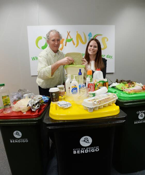 CLEAN AND GREEN: City of Greater Bendigo manager of waste services Simon Clay and organics project officer Bridgette McDougall demonstrate how the new bin service will work.