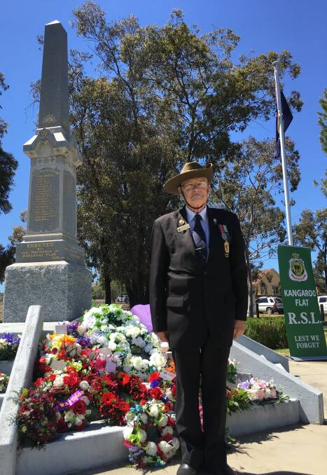 RESPECT: Kangaroo Flat RSL member John Handley stands to attention at the Remembrance Day service. Picture: SALLY SCOTT