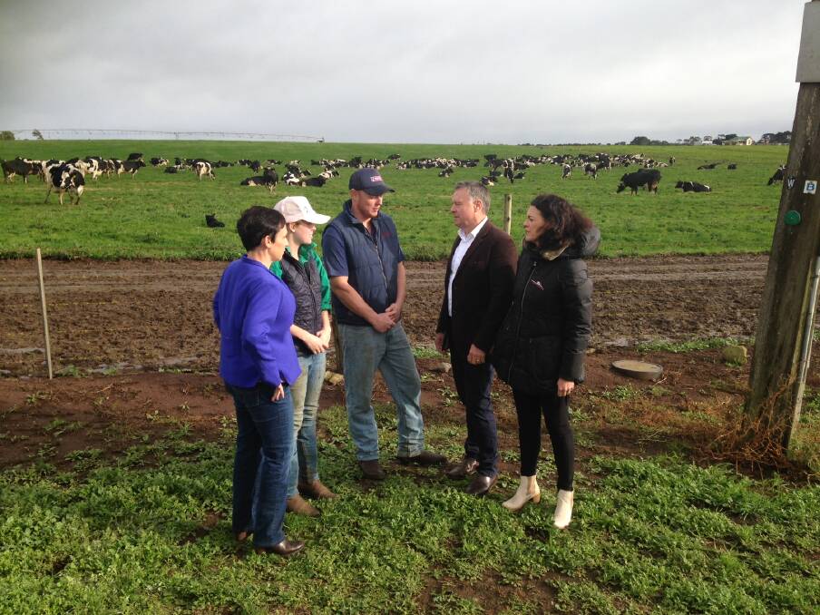 CONCERN: Victorian Agriculture Minister Jaala Pulford (left) with dairy farmers Brooke Lane and Clint Theodore, Opposition Agriculture Minister Joel Fitzgibbon and Corangamite ALP candidate Libby Coker. 