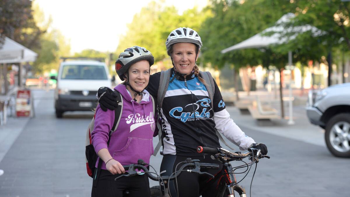 Ride2Work day in the Hargreaves Mall last year.
Kerryn Gilmore and Melanie Pellas from Strategem.

Picture: JIM ALDERSEY