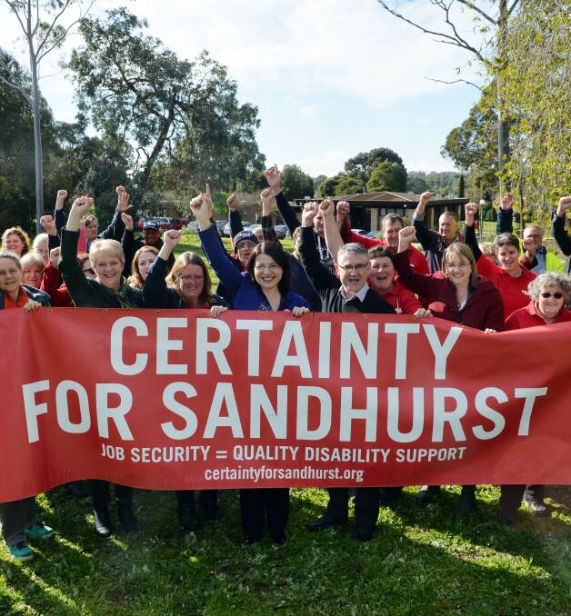 SOLIDARITY: Bendigo state MPs Jacinta Allan and Maree Edwards with Sandhurst Centre workers in 2014. Picture: BRENDAN McCARTHY