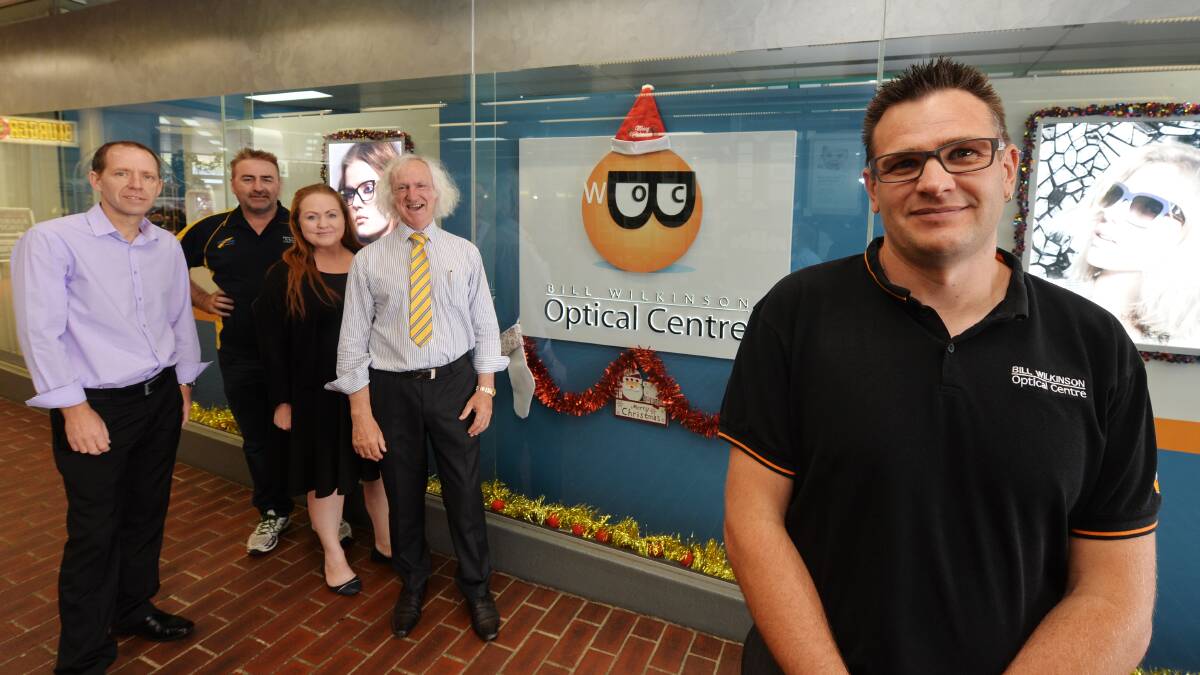 Spirited: Bendigo Advertiser sales manager Dean Farrell, 3BO FM's Cogho and Beck, Mayor Rod Fyffe and one of last year's winners, Jason Richter, owner of Bill Wilkinson Optical Centre.