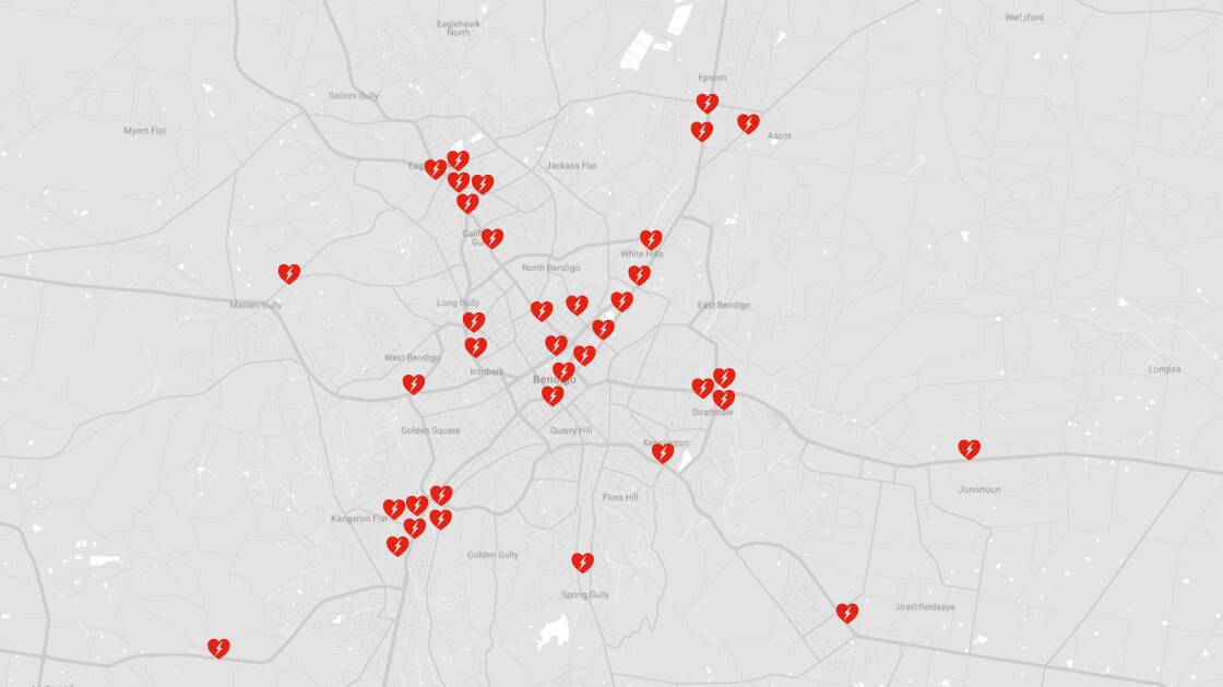 HELP TRACE MORE DEFRIBILLATORS: A map showing every registered AED in the Bendigo area. Source: AMBULANCE VICTORIA
