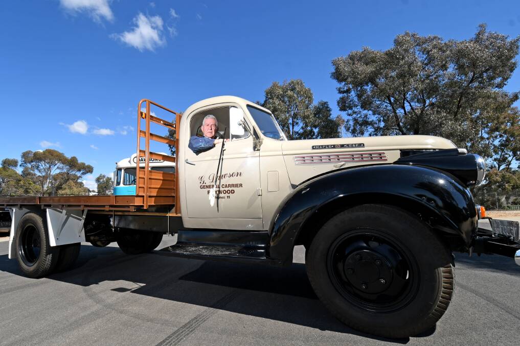 BIG MOVER: George Dawson behind the steering wheel of his 1946 Chevrolet Maple Leaf. Picture: DARREN HOWE