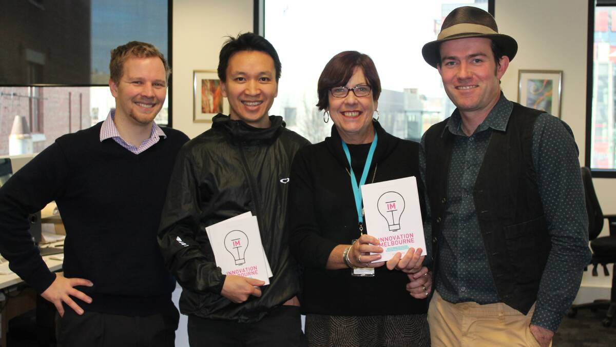 COMMUNAL BUSINESS: Taylor Tran (second from the left) joins local entrepreneurs Brenton Johnson, Jenny Delaney and Ian McBurney at a Bendigo co-working space. Picture: CONTRIBUTED
