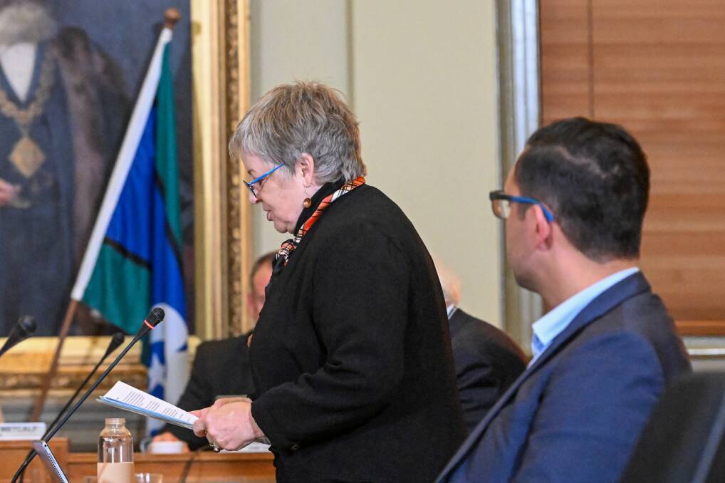 Cr Matthew Evans watches Cr Jen Alden speak at a Bendigo council meeting. Picture by Darren Howe