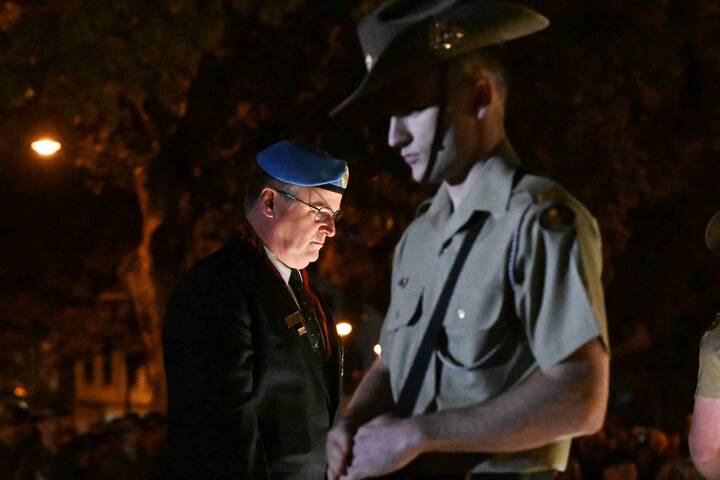 Veterans and serving military personnel turned up on a chilly autumn morning for the Anzac Day dawn service in Bendigo. Picture by Darren Howe
