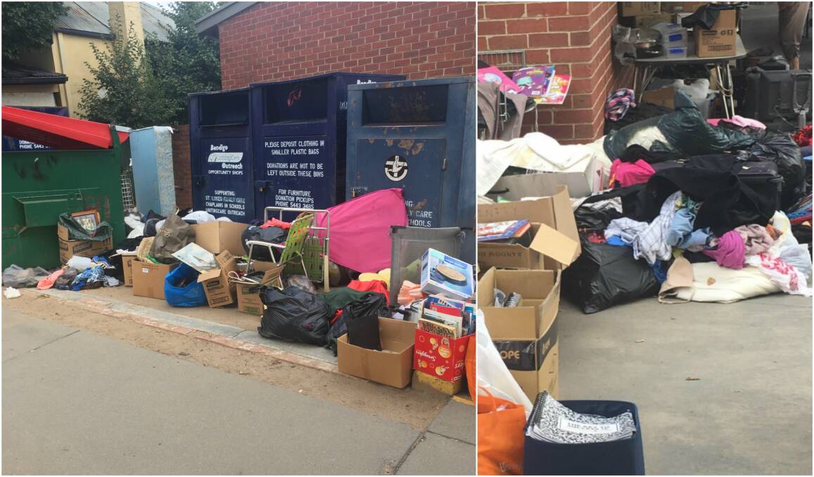 Donations at the Golden Square op shop are getting rifled through each weekend, creating a mess at the Uniting store. Pictures: SUPPLIED