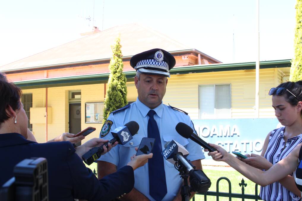 Deniliquin local area commander Superintendent Paul Condon addresses media at Moama this afternoon.
