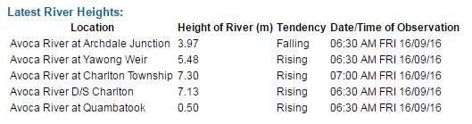 The latest Avoca River heights from the Bureau of Meteroelogy, Friday, 7.34am.