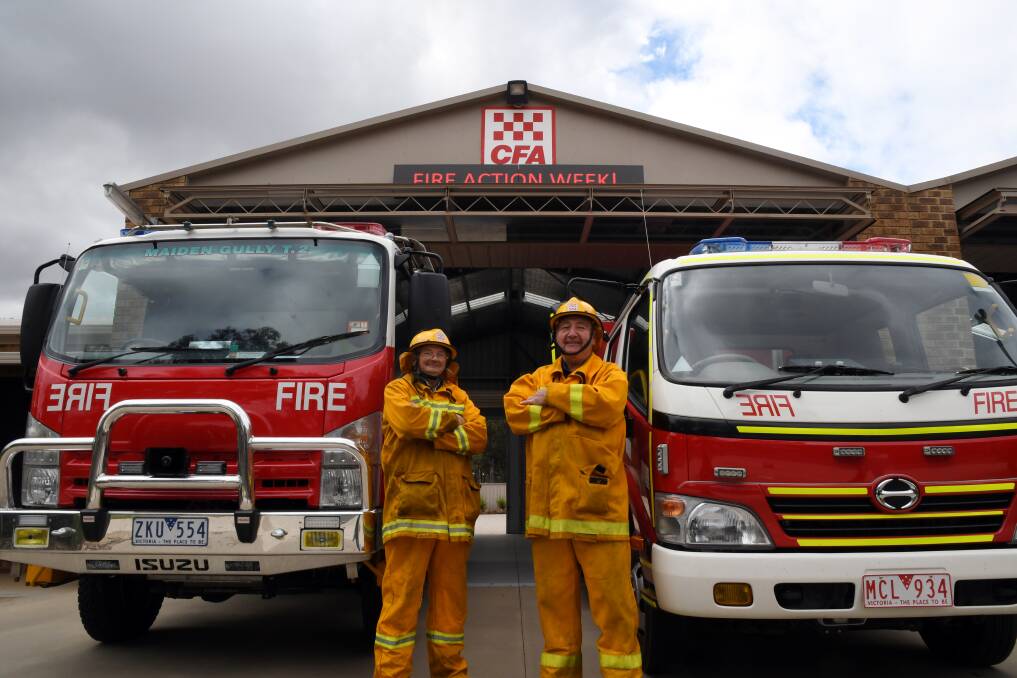 READY: Maiden Gully firefighters Stan Dole and Brian Perry with the station's new message board displaying advice for the community.