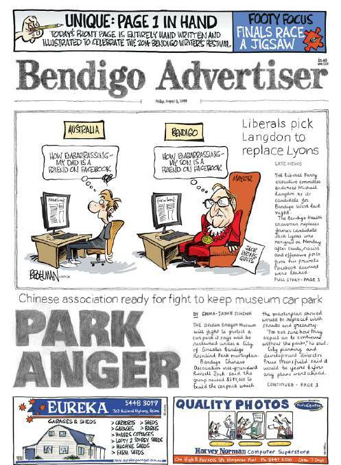 The hand-drawn front page of the Bendigo Advertiser in 2014. Click the picture for more.