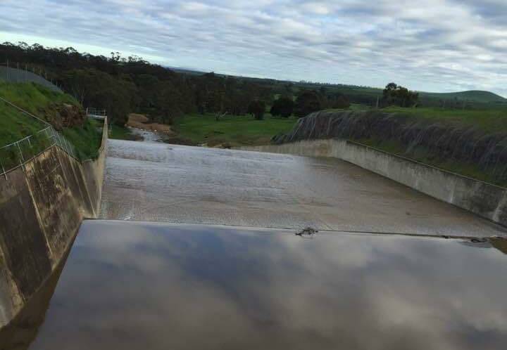CLICK THE PHOTO FOR MORE: Tullaroop Reservoir started spilling on Friday... gently. Picture: HELEN BROAD