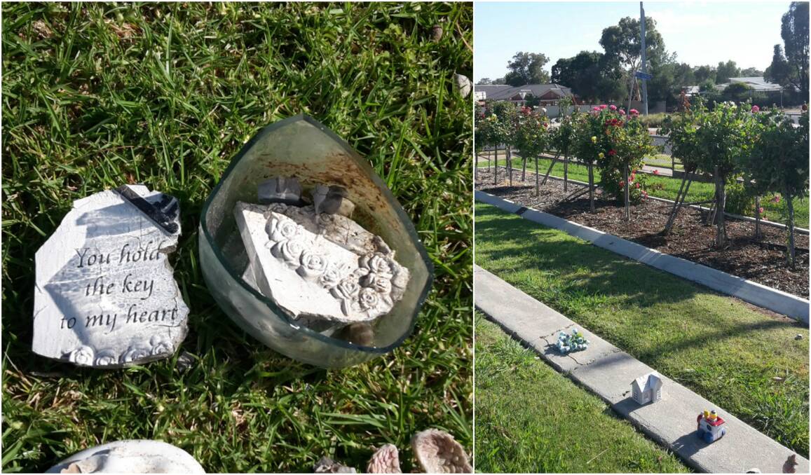 DISTRESSING: Some of the damaged trinkets (left) at the Kangaroo Flat cemetery and others lined up on the walkway (right). Roses were also pushed over in the adult cremated remains section. Pictures: Remembrance Parks Central Victoria