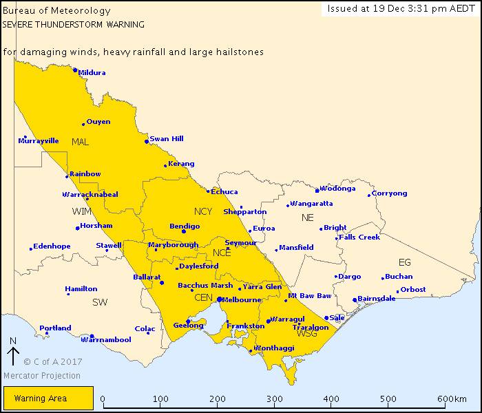 The severe thunderstorm warning area. Source: Source: www.bom.gov.au