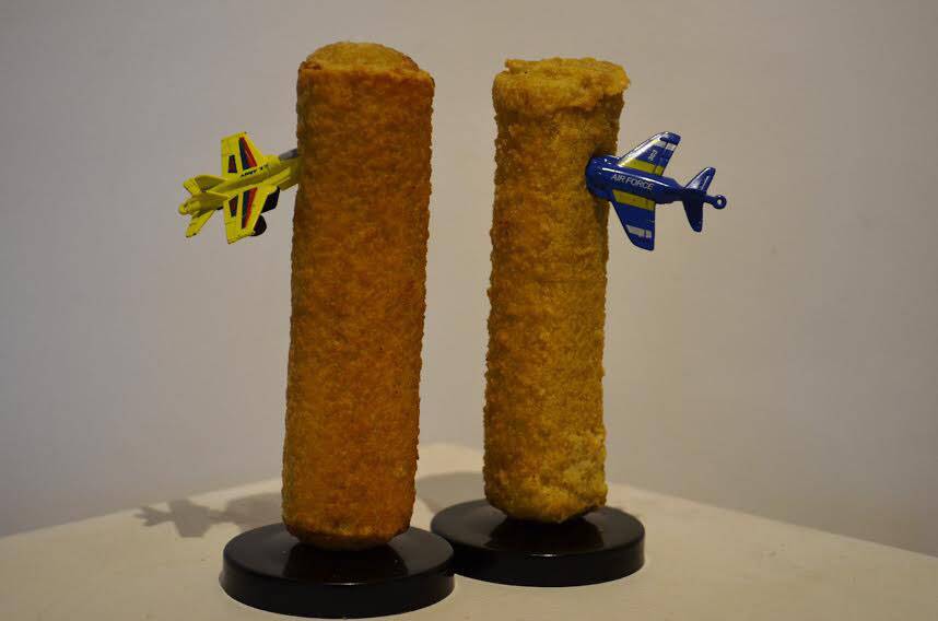 Part of an exhibition showcasing the Chiko Roll is a depiction of aeroplanes being flown into the Twin Towers.
