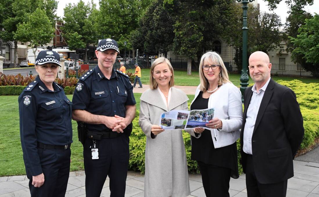 Representatives from the Bendigo Safe Community Forum, Acting Superintendent Kathryn Rudkins and Inspector Shane Brundell from Victoria Police, independent chair Sally-Anne Ross, City of Greater Bendigo mayor Margaret O'Rourke and the Department of Justice and Regulation's Tom Wills.