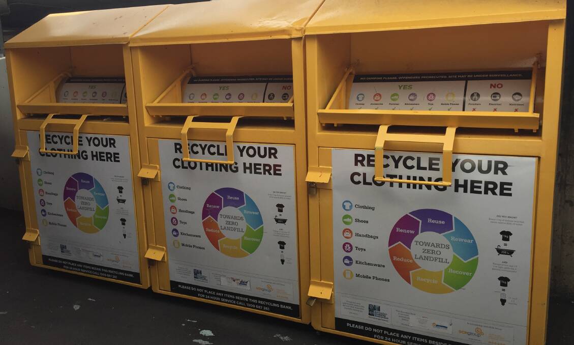 The Windarring-managed clothing recycling bins located in the Bendigo CBD Coles car park.