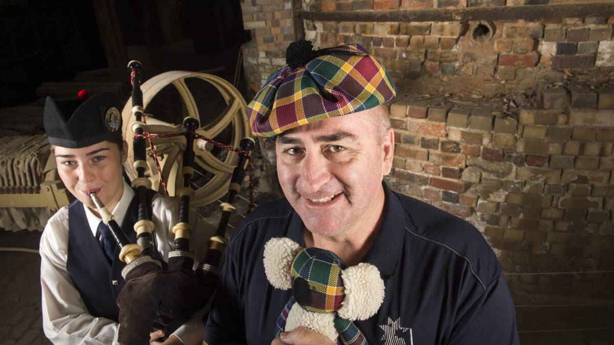 SCOTS DAY OUT: 2018 chieftain Bryan Coghlan and bagpipe player Emily Earl at the announcement ceremony at Bendigo Pottery, one of the city's oldest Scottish-inspired businesses. Picture: DARREN HOWE