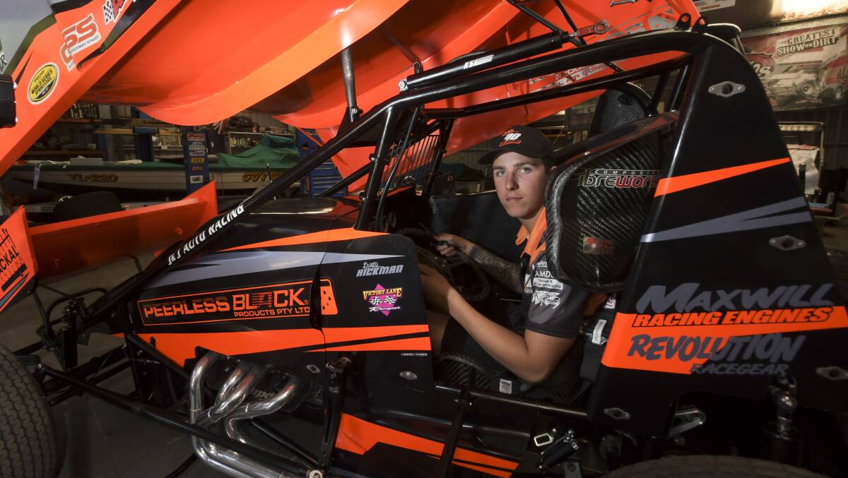 Rusty behind the wheel of the Hickman Motorsport V40 sprintcar. Picture: NONI HYETT