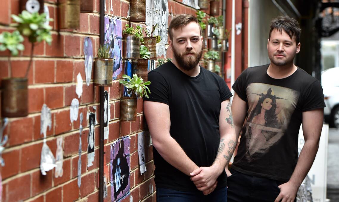 COLLABORATION: Erek Ladd from America and Nathan Duffin from Bendigo plan to record an album via email when Ladd returns to the US. Picture: Jodie Wiegard