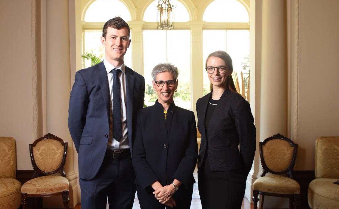 STUDY: Connor Rochford and Rebecca Duke with the Governor of Victoria Linda Dessau. Ms Duke will study at Oxford under a Victoria Rhodes Scholarship while Mr Rochford is hoping to win an Australian Rhodes Scholarship.