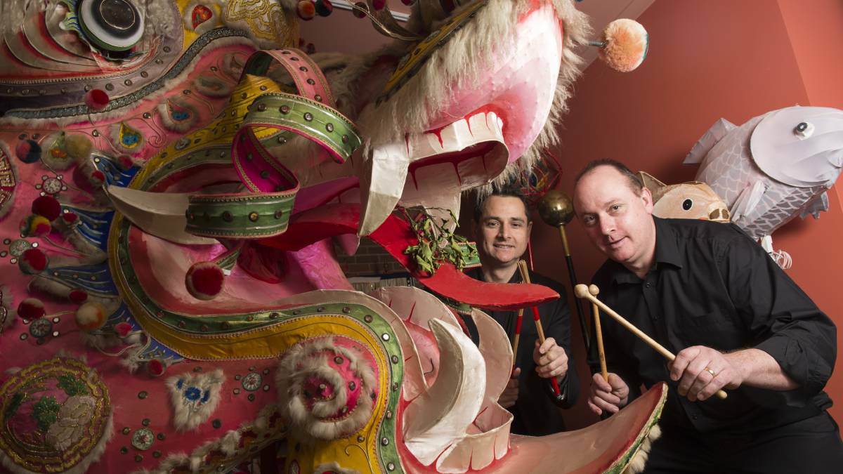 Richard Gleeson and Guy du Blet from Orchestra Victoria put on a percussion performance at the Golden Dragon Museum in August. Picture: DARREN HOWE