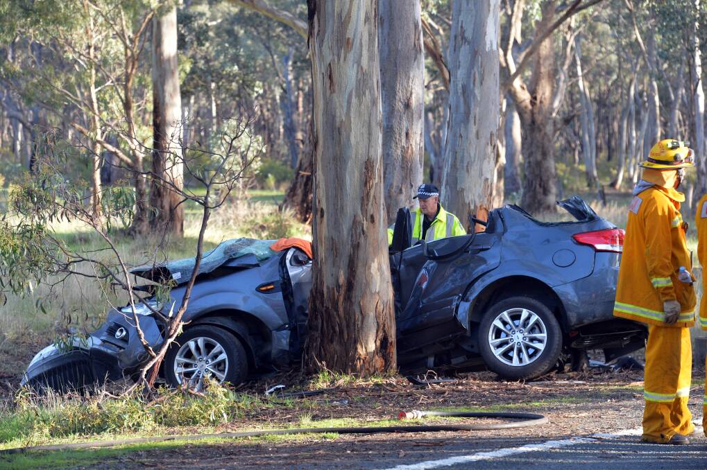 The wreckage of a car that swerved to avoid a kangaroo and hit a tree at Toolleen.