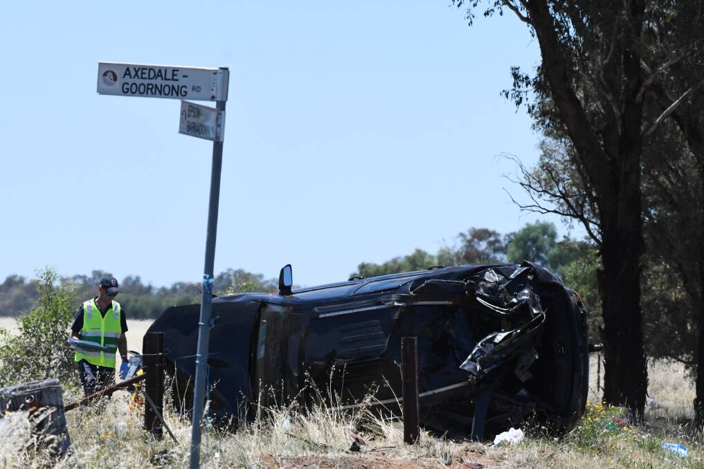 The scene of a fatal crash at the intersection of the Axedale-Goornong and Epsom-Barnadown roads in December. The occupants of this vehicle escaped with minor injuries. Picture: NONI HYETT