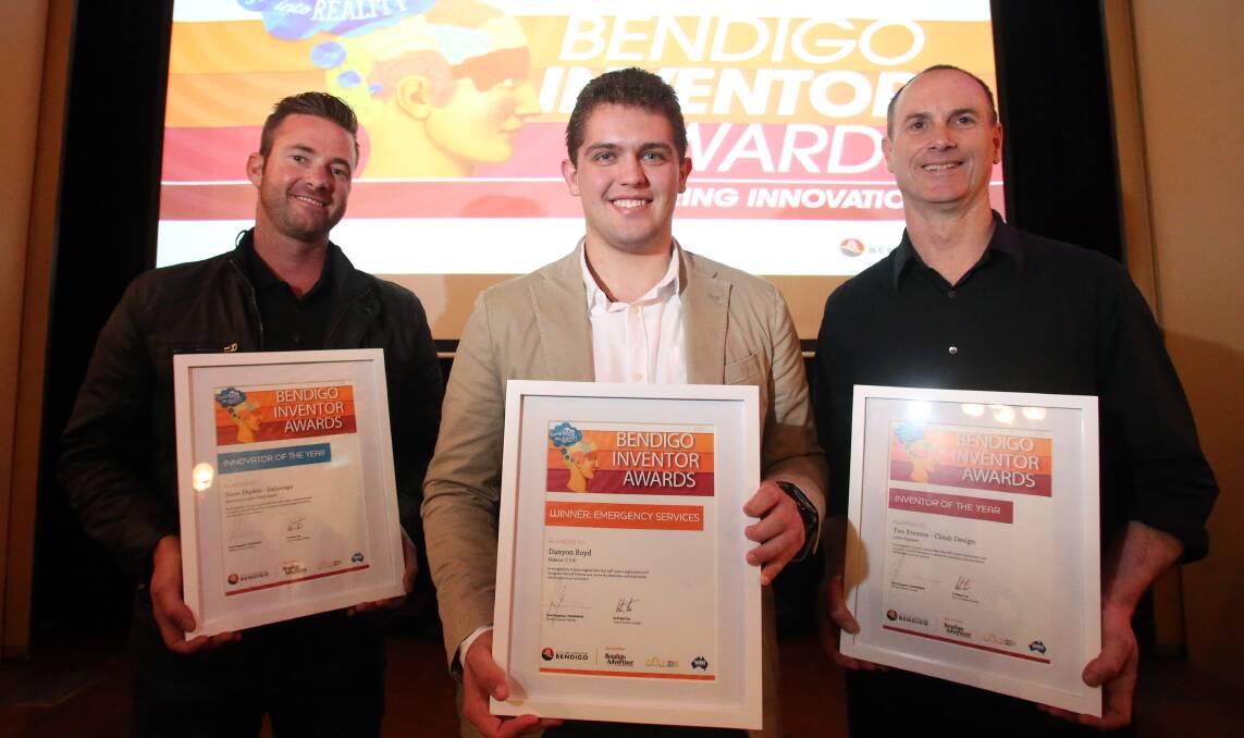 Winners from the 2015 awards: Innovator of the Year, Steve Durkin, represented here by Dale Scott, emergency services prize winner Danyon Boyd, and Inventor of the Year Tim Preston. Picture: GLENN DANIELS