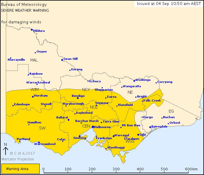 The severe weather warning area, highlighted in yellow, as at 10.50am Monday.