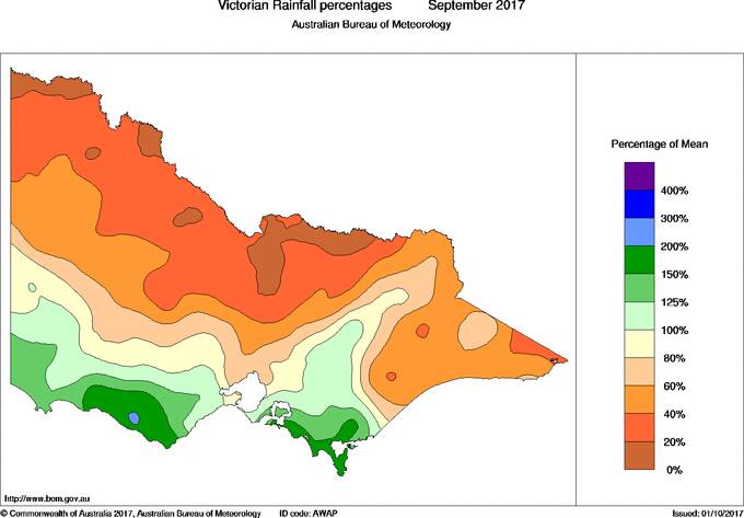 Rainfall in September as a percentage of the mean. Picture: Bureau of Meteorology