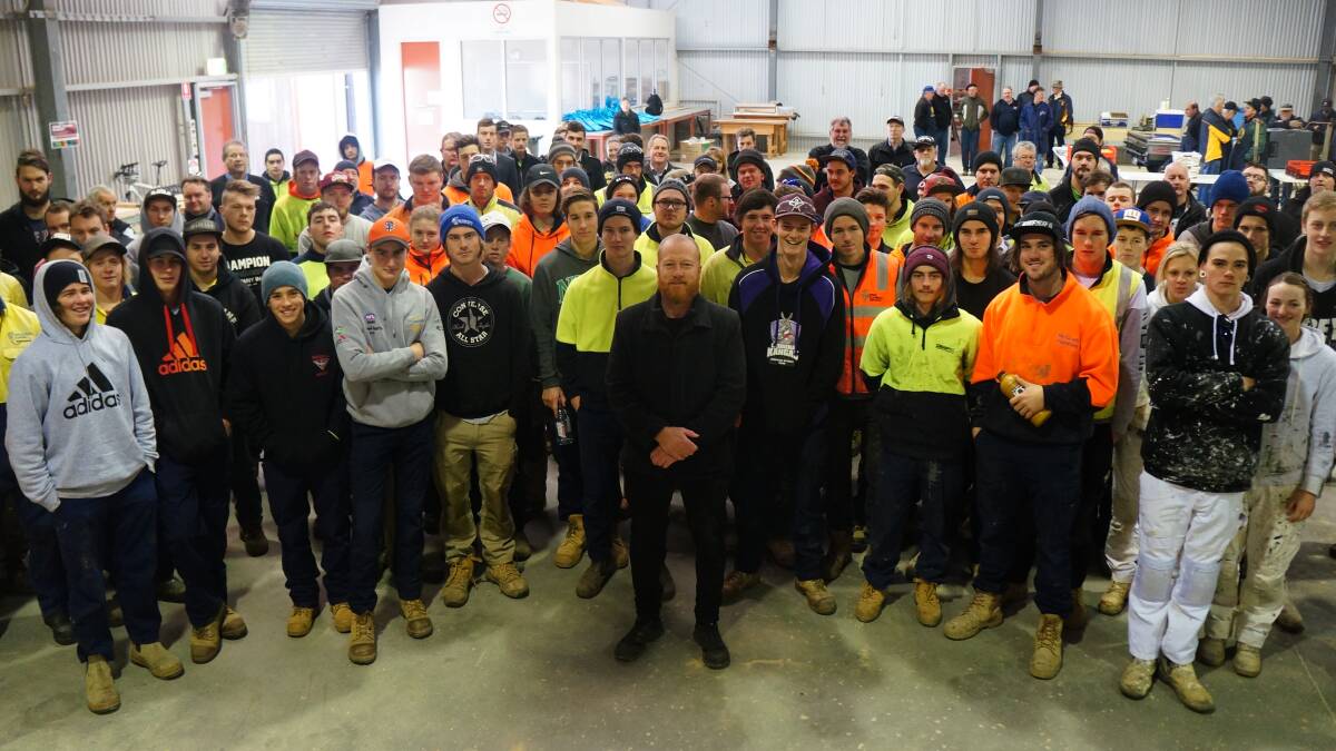BUILDING BRIDGES: HALT co-founder Jeremy Forbes, front, with apprentices who attended Wednesday's Save Your Bacon breakfast at Bendigo TAFE.