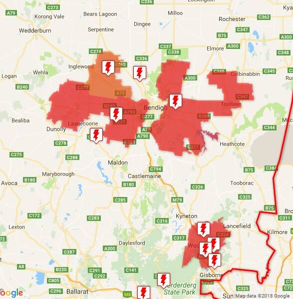Power outages in central Victoria, as at 5pm.