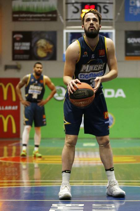  Ballarat Miners captain Peter Hooley takes a shot from the free-throw line in a game against Mt Gambier at the Minerdome. Picture: DYLAN BURNS