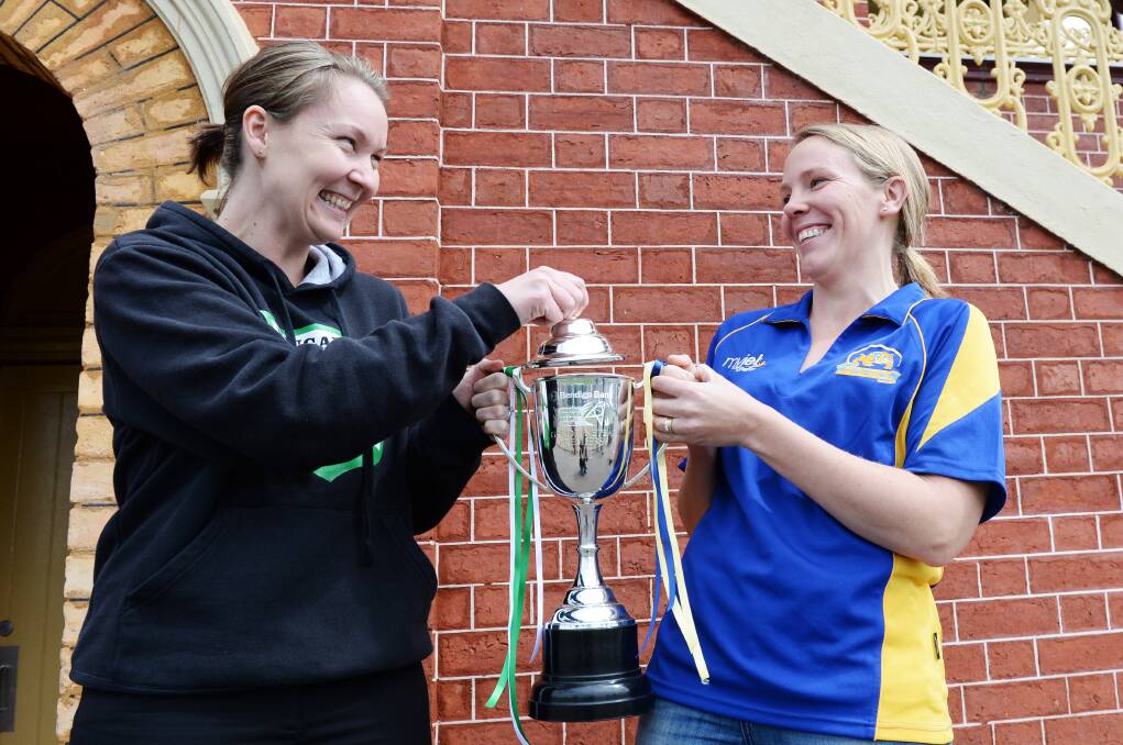 Captains Karly Elvey and Belinda Pinner had time to share a joke this week, but it will be serious business when the BFNL A-grade netball premiership is decided on Saturday. Picture: DARREN HOWE