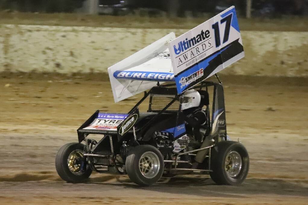 Andrew Burleigh powers to a win in the mini-sprintcars. Picture: RANDOM PANDA PHOTOGRAPHY