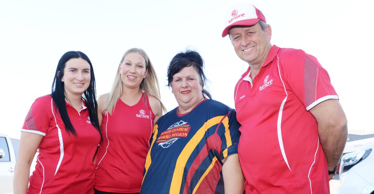 New Elmore A-grade netball coach and director of coaching Sue Borserio, with players Melanie Oldfield and Emma Selisky and Bloods president Darren Trewick. Oldfield coached Elmore's B-grade team in 2017, while Selisky coached the 
 B-reserve team. Picture: DARREN HOWE
