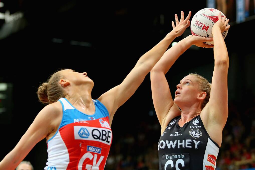 ON SONG: Caitlin Thwaites shoots for goal during the round six Super Netball match between the Swifts and the Magpies at Sydney Olympic Park Sports Centre. Picture: GETTY IMAGES