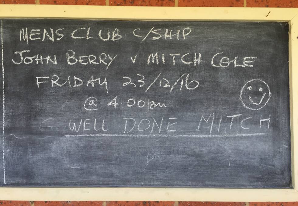 A blackboard at Kangaroo Flat Bowls Club points to Mitch Cole's club championship win.