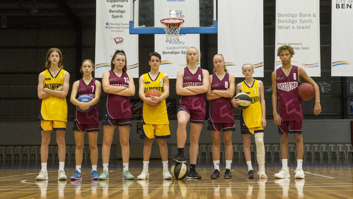 Dylan McCauley, Meg McCarthy, Tayah Watkins, Macey Eaton, Piper Dunlop, April Eeles, Caitlin Richardson and Dyson Daniels are pictured before the Basketball Victoria Country’s Under-16 State Combine Camp. Picture: DARREN HOWE