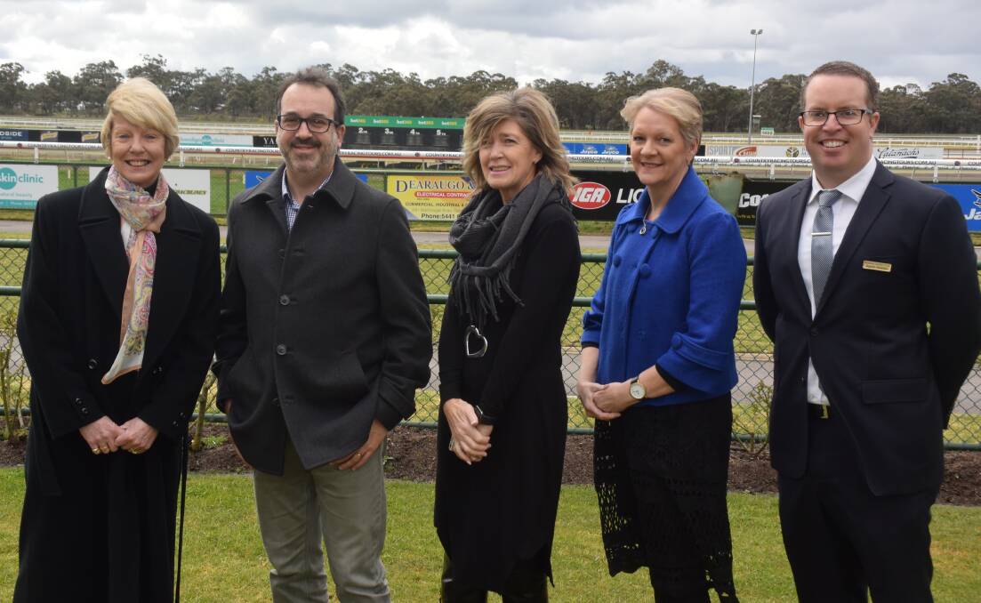 BJC chair Margot Falconer, Racing Minister Martin Pakula, BJC committee member Karen Sutherland, Member for Bendigo West Maree Edwards and race club chief executive officer Aaron Hearps at Thursday’s big screen funding announcement. Picture: KIERAN ILES