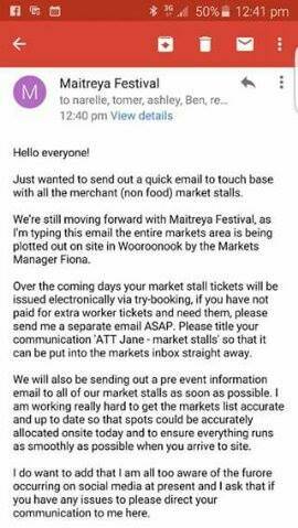An email from Maitreya Festival organisers to vendors suggesting the event is going ahead at Wooroonook Lakes.